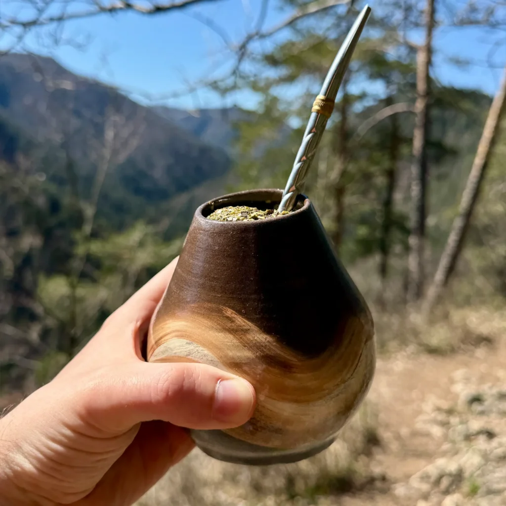 Kalabasa Echo s yerba maté a bombillou držaná v ruke s panoramatickým výhľadom na hory.