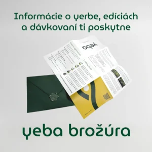 yeba brožúra s informáciami o yerbe, edíciách a dávkovaní, zelená obálka s voskovou pečaťou a žltý leták.
