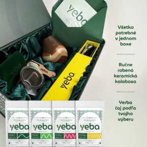 Obsah yebaBox Echo – keramická kalabasa, sitko, drevená kefka, bombilla a štyri edície yeba yerba maté (origin, focus, fruity, energy).