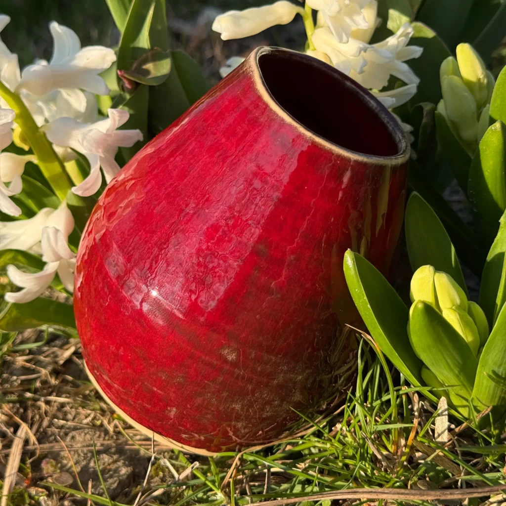 Detail červenej keramickej kalabasy Velvet v záhrade medzi bielymi kvetmi hyacintov.