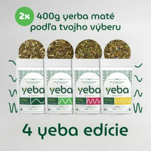 Štyri edície yeba yerba maté po 400 g – origin, focus, fruity, energy – s indikátorom 2× pre yeba DuoBox sadu.