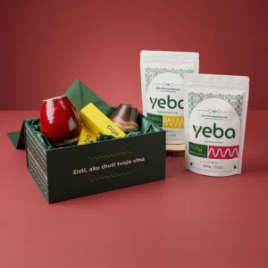 yeba DuoBox – darčekový set pre dvoch s červenou kalabasou Velvet, hnedo-béžovou Echo, dvomi bombillami v žltých krabičkách a baleniami yeba energy a fruity.