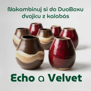 Skupina ručne robených keramických kalabás Echo a Velvet – hnedo-béžové a hlboko červené nádoby pre yeba DuoBox.