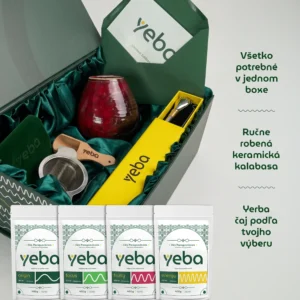 Obsah yebaBox Velvet – červená keramická kalabasa, sitko, drevená kefka, bombilla a štyri edície yeba yerba maté.